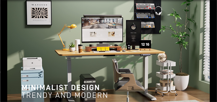 A modern home office or study space featuring a stylish lifting desk in an elevated position. The image should convey comfort and functionality.