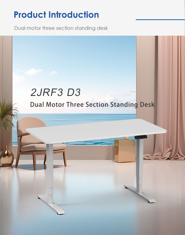 The 2JRF3 D3 dual motor standing desk in a modern room setting with a white desktop.
