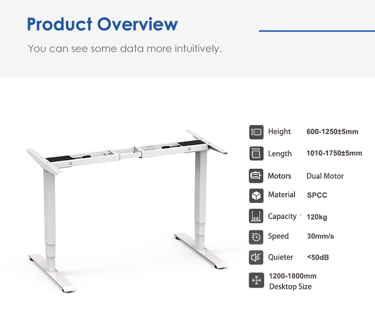 A product overview diagram showing the specifications of the 2JRF3 D3 desk frame.