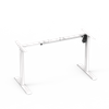  A front-facing studio shot of a white, single-motor, height-adjustable desk frame without a tabletop.