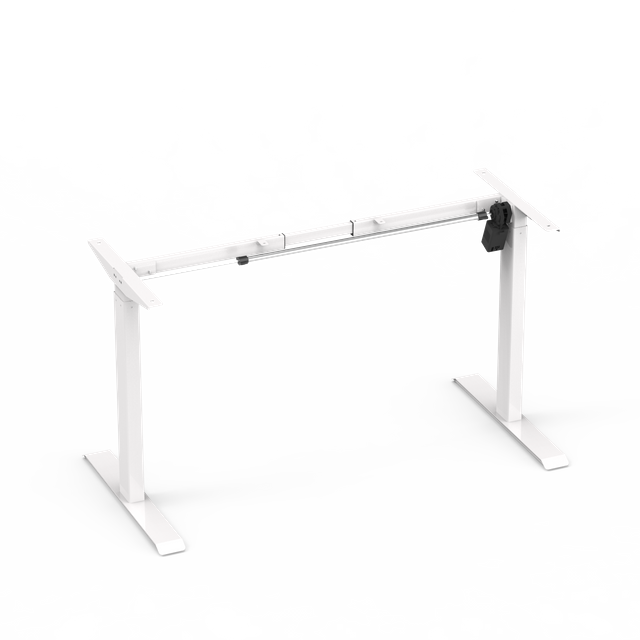  A front-facing studio shot of a white, single-motor, height-adjustable desk frame without a tabletop.