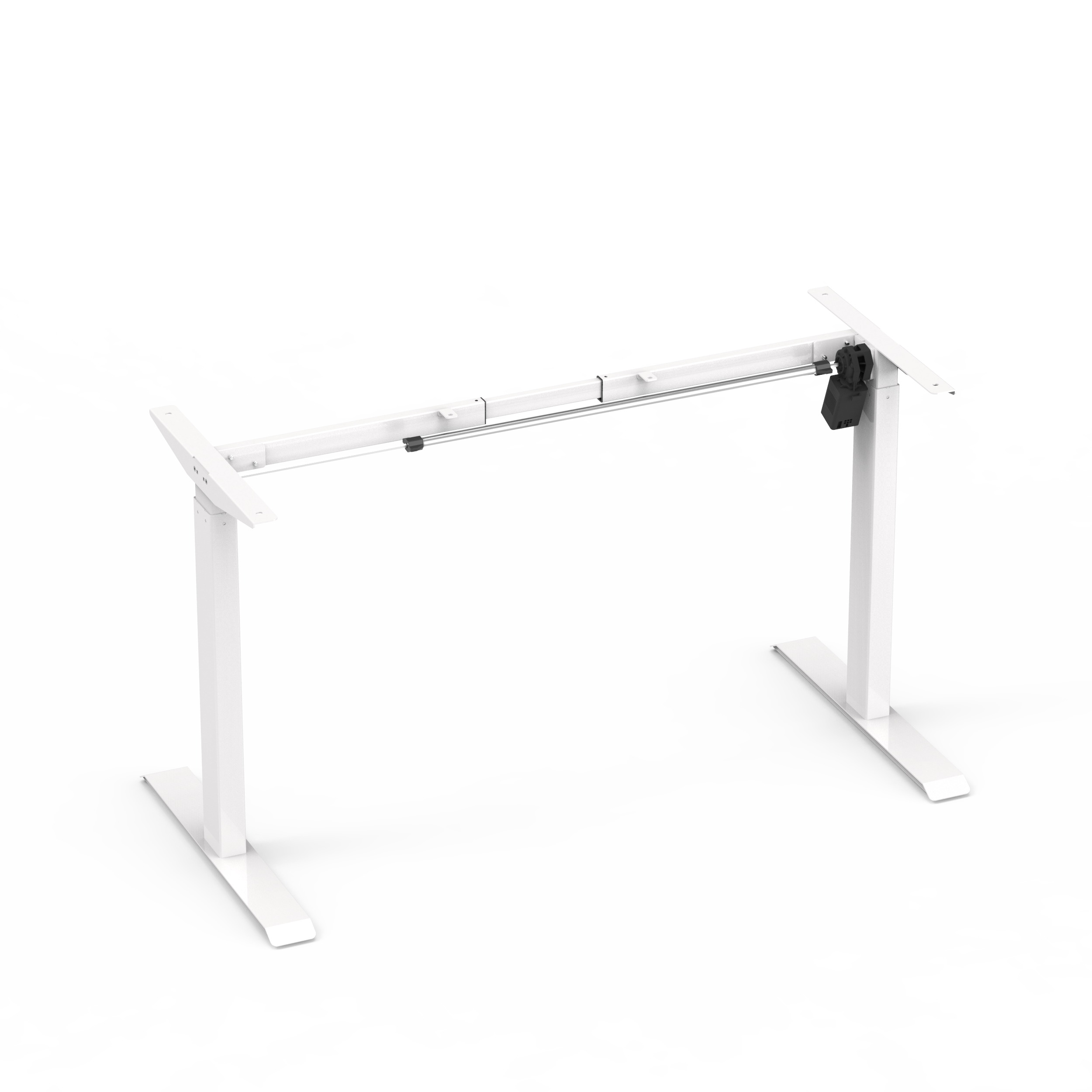  A front-facing studio shot of a white, single-motor, height-adjustable desk frame without a tabletop.