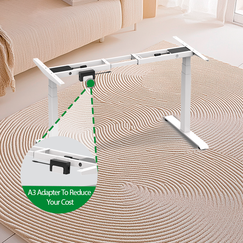 Electric standing desk frame showcasing the A3 adapter and its integrated hook, emphasizing the adapter's cost-reducing benefit.