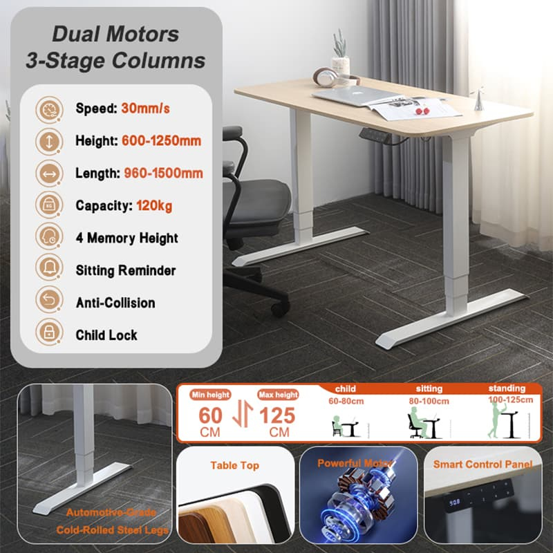 Infographic showcasing the key features of the NATE D5 desk: Dual Motors, 30mm/s speed, 120kg capacity, and height/length range.