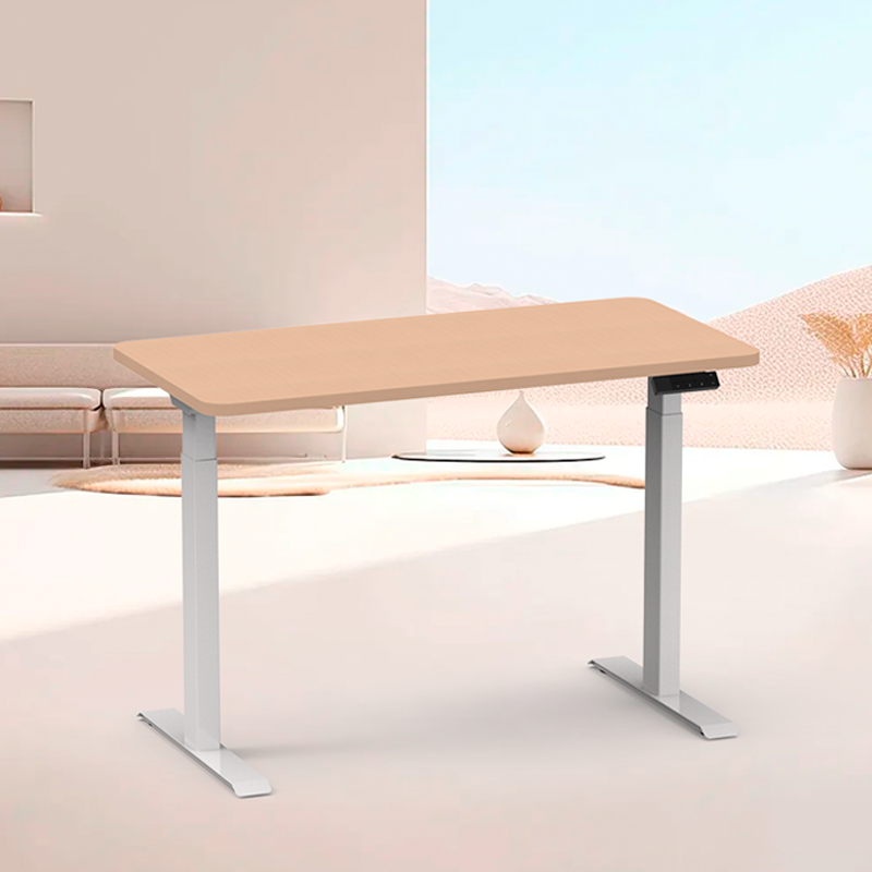 A modern light wood top 2AF2 dual motor standing desk in a home office setting.