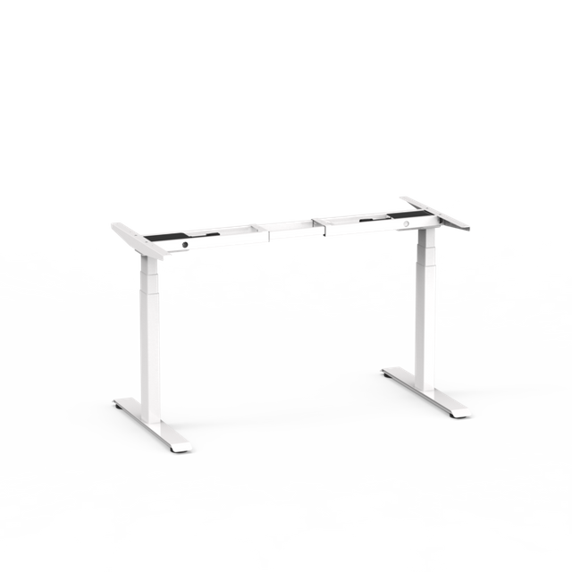 The 2AF3-D3-38 electric standing desk frame in a clean white finish, isolated on a transparent background for versatile design use.