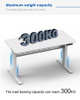 2NF2 Standing Desk maximum weight capacity of 300KG, with blue light effects emphasizing the load-bearing legs.