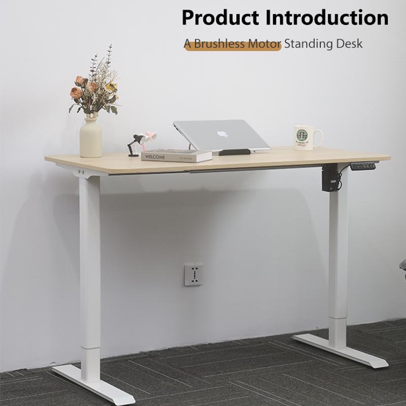 White electric standing desk with a light wood top