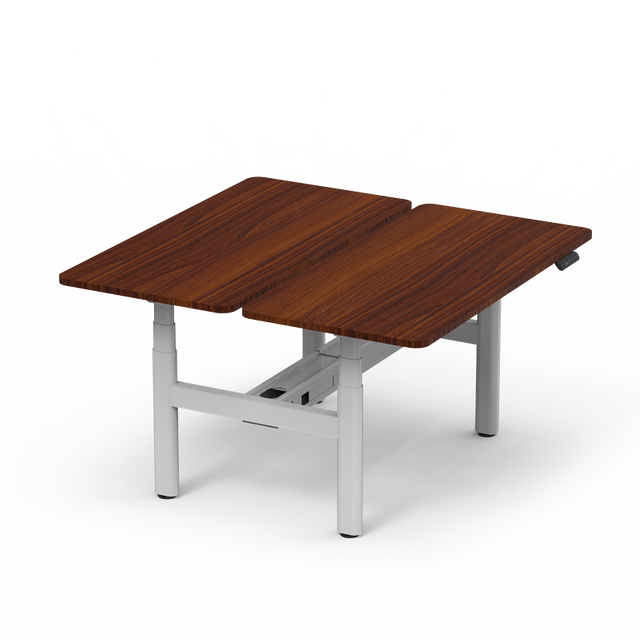 4CF3A dual electric standing desk with rich walnut wood desktops and a white 4-leg frame, configured for a back-to-back workstation.