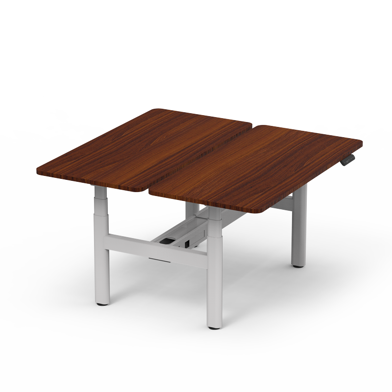 4CF3A dual electric standing desk with rich walnut wood desktops and a white 4-leg frame, configured for a back-to-back workstation.