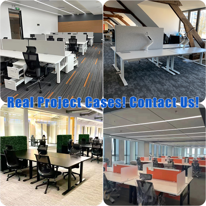 Collage of four real-world office installations featuring the 4HF3A height-adjustable desks.