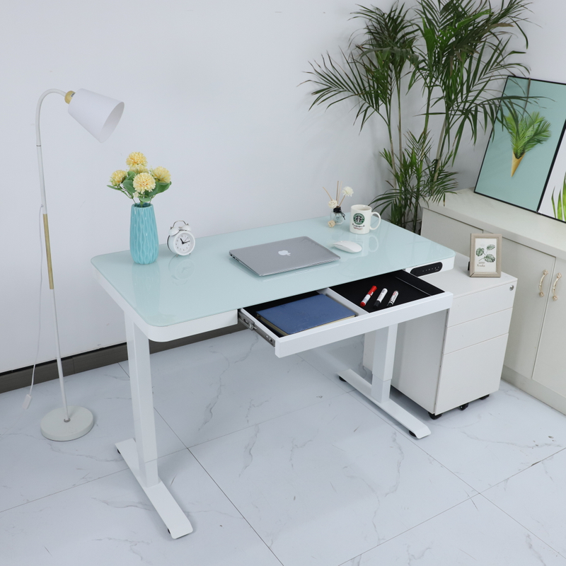 Tempered Glass Top Electric Height Adjustable Computer Desk with Drawers Office Standing Desk with USB Charging For Home Office Table