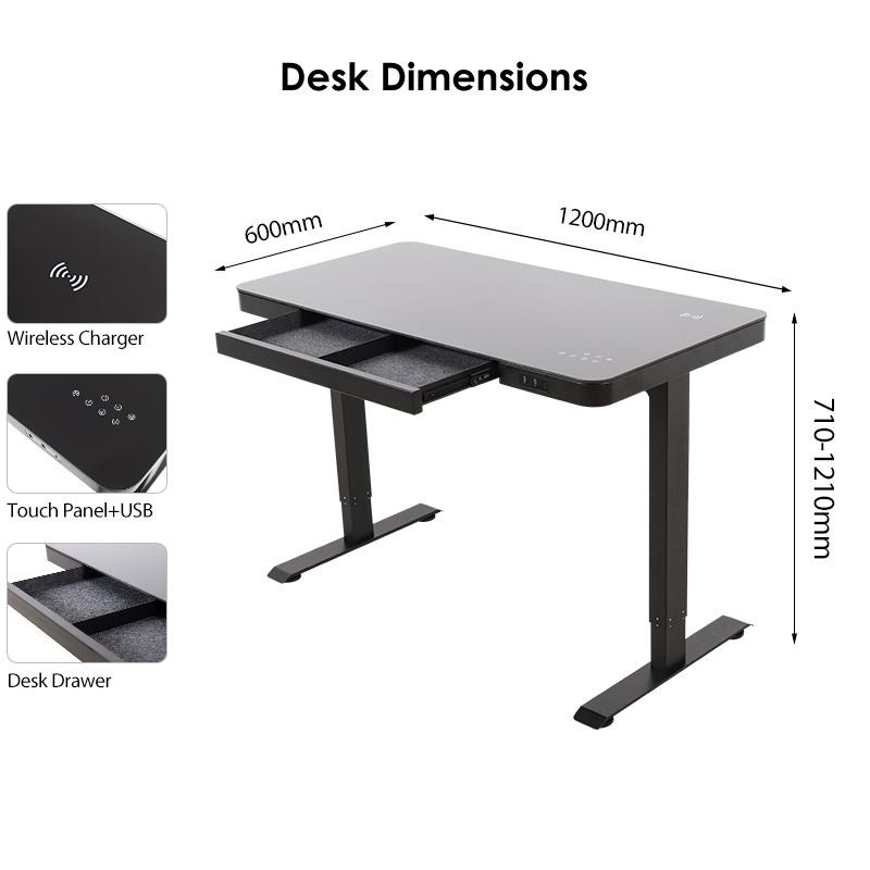 Tempered Glass Top USB Wireless Charging Ergonomic Dual Motor Home Office Electric Height Adjustable Standing Desk With Drawers
