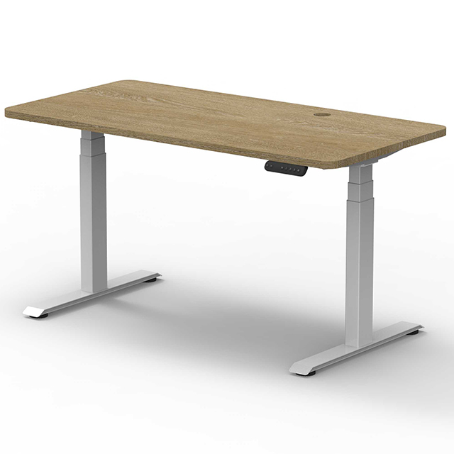 Front view of white electric standing desk with clean design