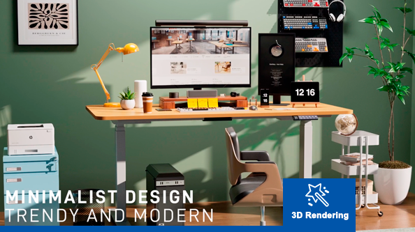 3D rendering of an electric standing desk displayed on a computer screen