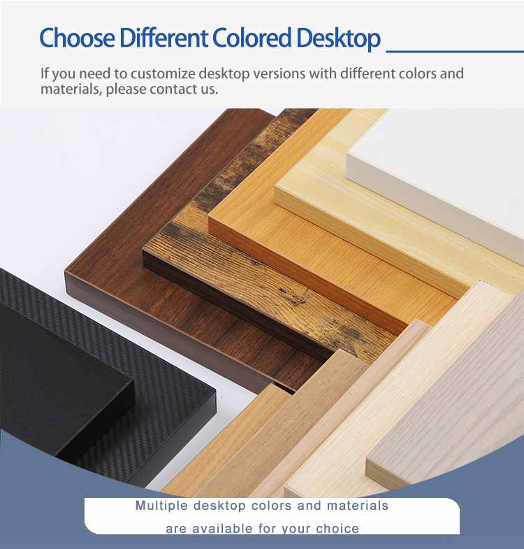 2CF2 Electric Standing Desk Legs paired with custom tabletops of various materials and colors, highlighting versatile design.