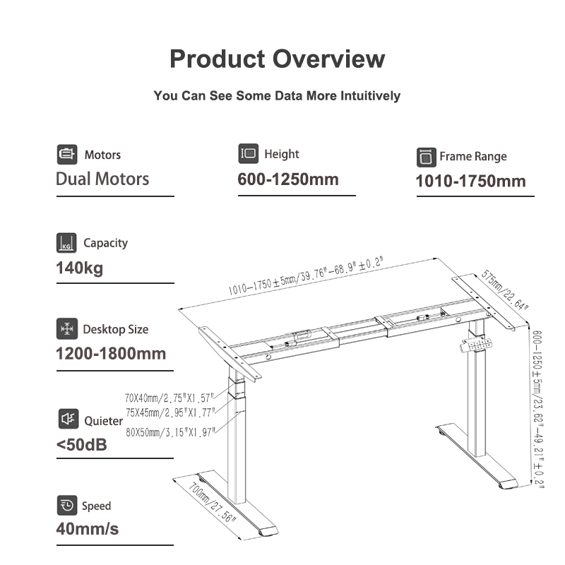 Diagram of the 2AF3 standing desk's safety features, including the anti-collision sensor, safety child lock, and sedentary reminder.