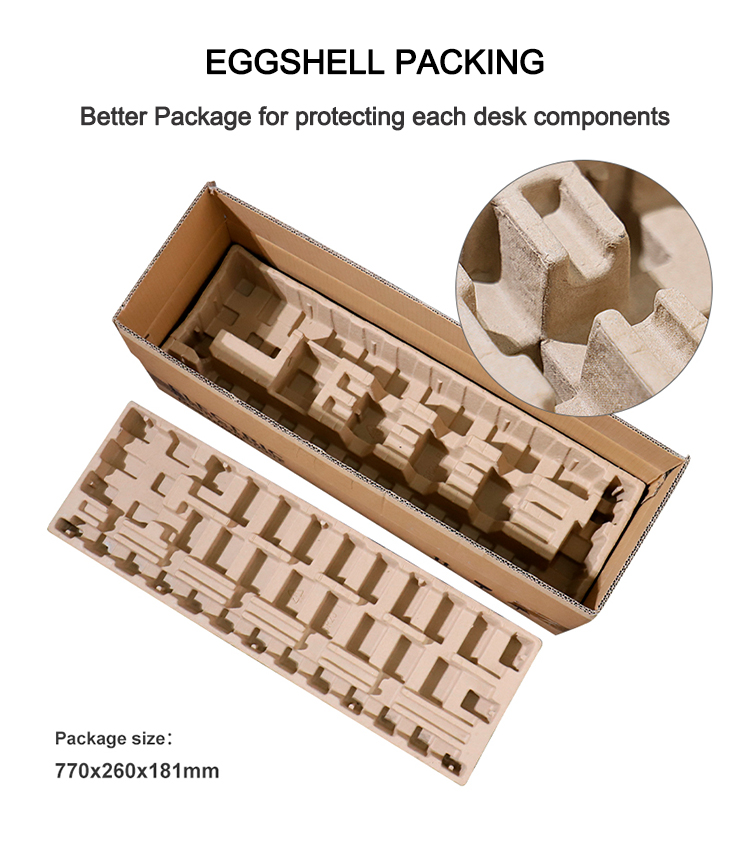 Eco-friendly eggshell packing for the 2SACRF2 desk frame, with package dimensions of 770x260x181mm, ensuring all components are protected during shipping.