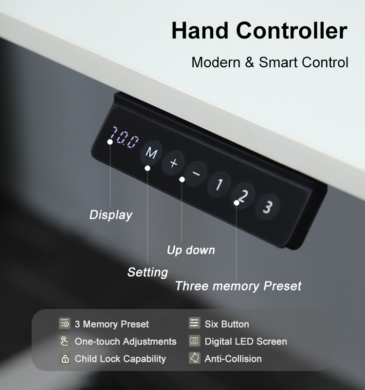Detailed close-up of the hand controller, showing the LED display for real-time height, 3 memory preset buttons, and up/down keys for precise operation.