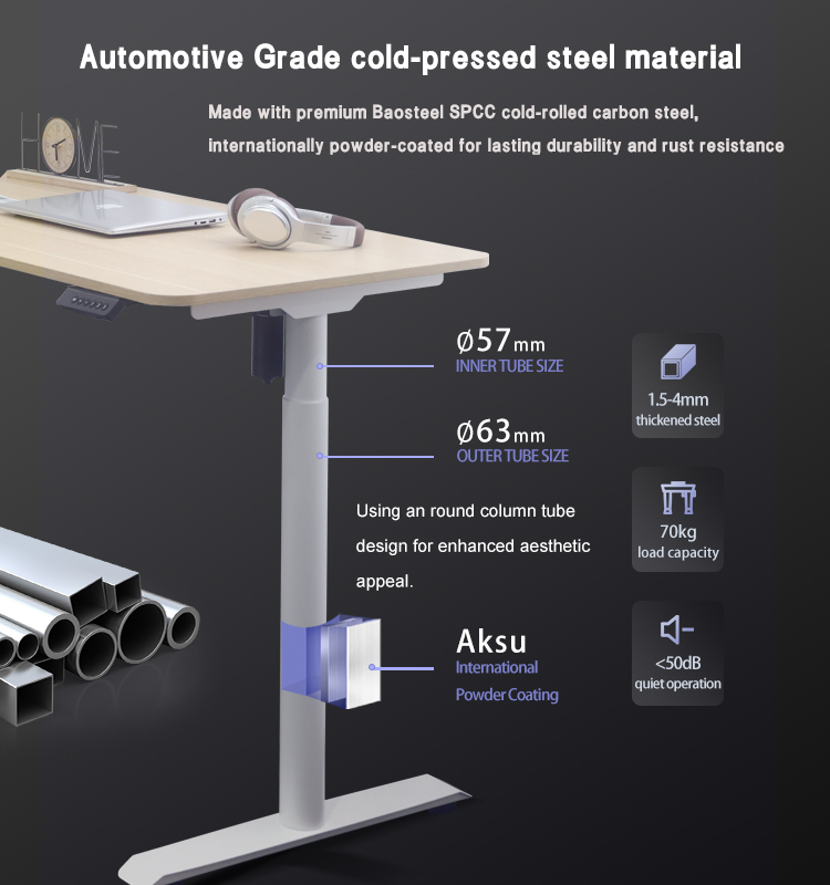 Infographic displaying the material specifications, including automotive-grade cold-pressed SPCC steel, round tube sizes of 42 × 75 mm and 50 × 83 mm, and a 70 kg load capacity.