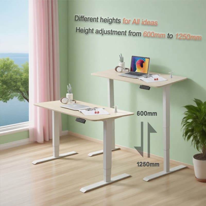 The NATE 2JRF3 D5 electric standing desk shown at both its lowest and highest settings in a modern room.