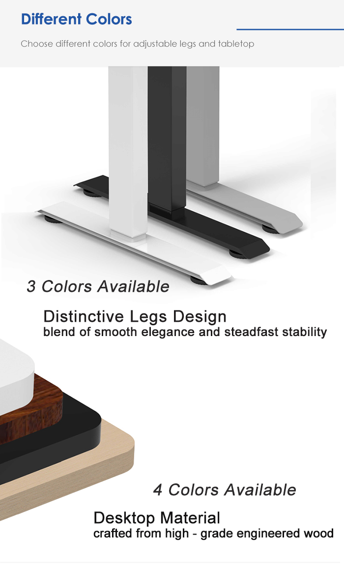 presents the different color options available for both the adjustable legs and the desktop material, emphasizing the customization aspect.