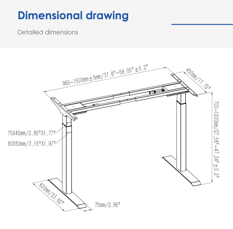 2AF2 frame dimensions: height 700–1200 mm, width 960–1500 mm, foot depth 600 mm.