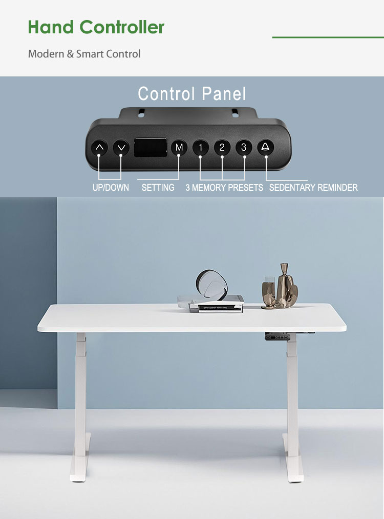 Close-up of the smart hand controller with LED display, showing buttons for up/down, 3 memory presets, and a sedentary reminder.