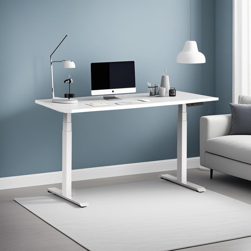A complete white electric height-adjustable desk set up in a modern home office with a computer and lamp, showcasing its clean and minimalist aesthetic within a home environment.