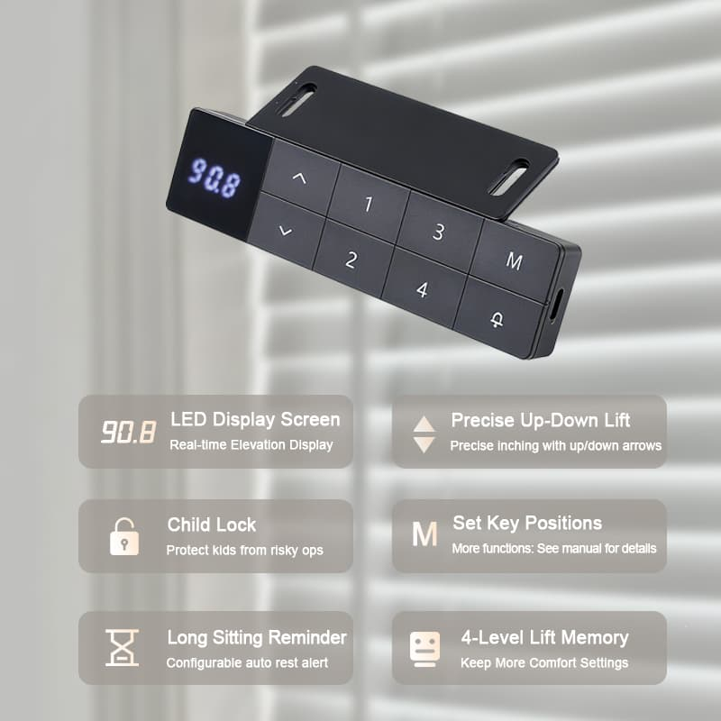  Close-up of the NATE 2AF2 smart control panel, detailing features like the real-time LED display, 4-level lift memory, and child lock.