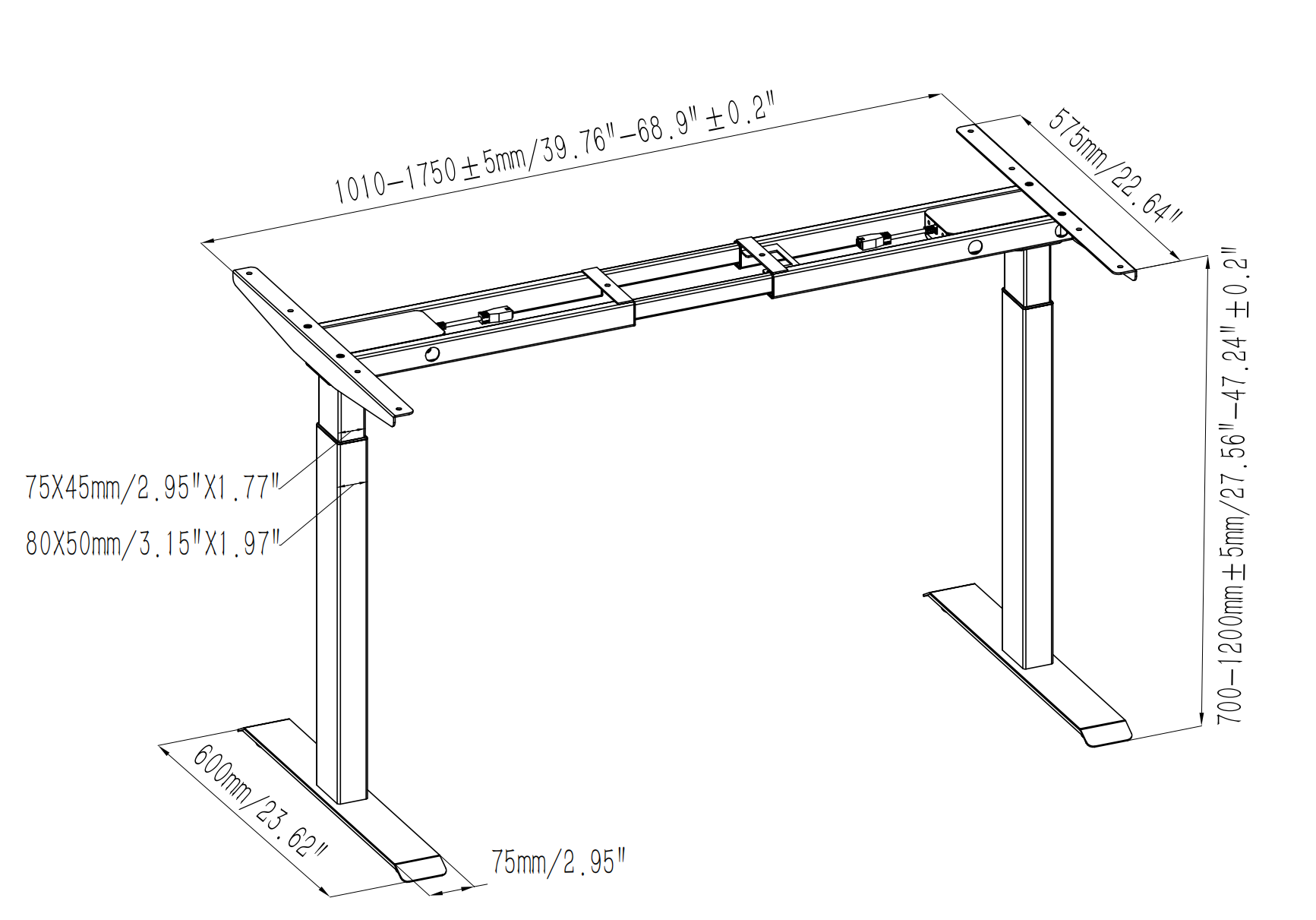 Drawing showcases the 2AF2 dual motor electric standing desk frame, 120kg capacity. Adjustable height workstation design for ergonomic home and office use. Sit-stand desk frame diagram.