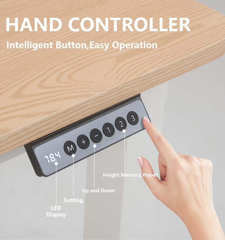 A finger pressing a preset button on the smart controller, which shows the height on an LED display.
