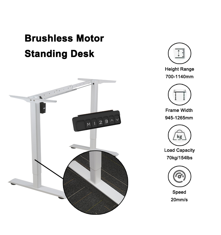An image of the white desk frame with key specifications listed: Height Range 700-1140mm, Frame Width 945-1265mm, Load Capacity 70kg, and Speed 20mm/s.