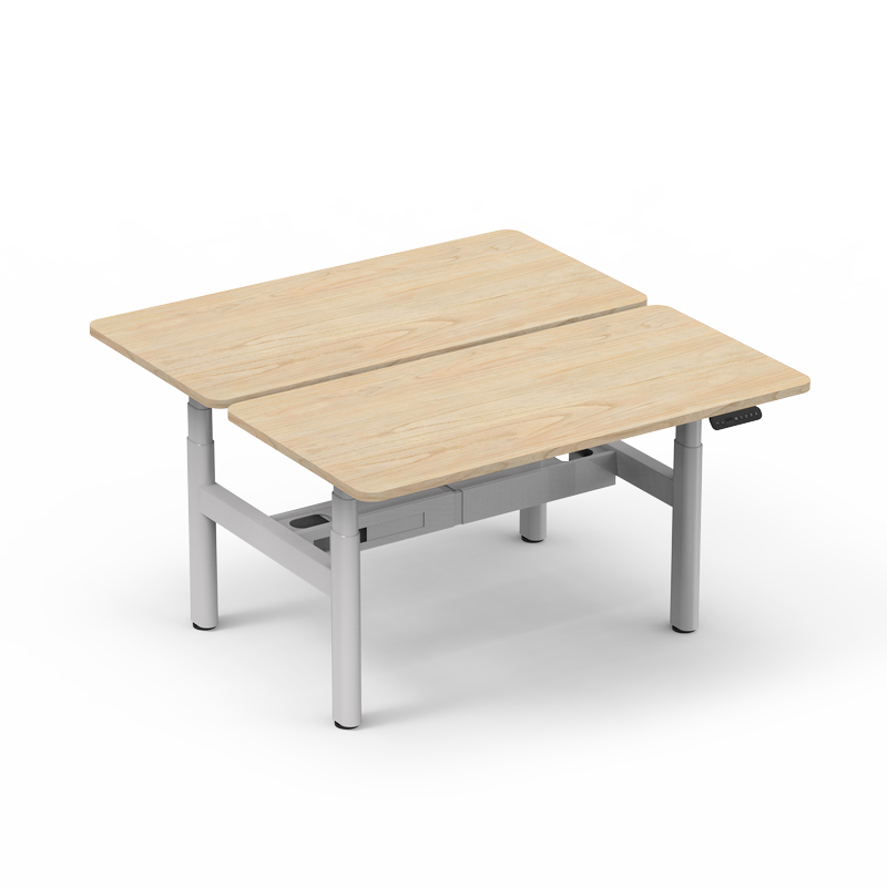 4CF3A back-to-back dual workstation with light white oak desktops and a white electric frame, ideal for ergonomic office setups.