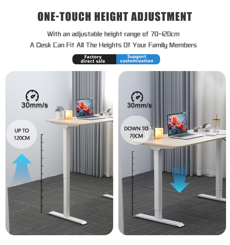 Diagram illustrating the standing desk's swift height adjustment range, moving up to 120cm and down to 70cm.