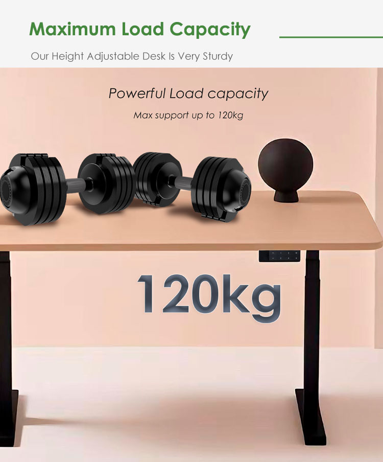 The black standing desk frame effortlessly supporting a heavy load of 120kg, represented by multiple dumbbells on the desktop.
