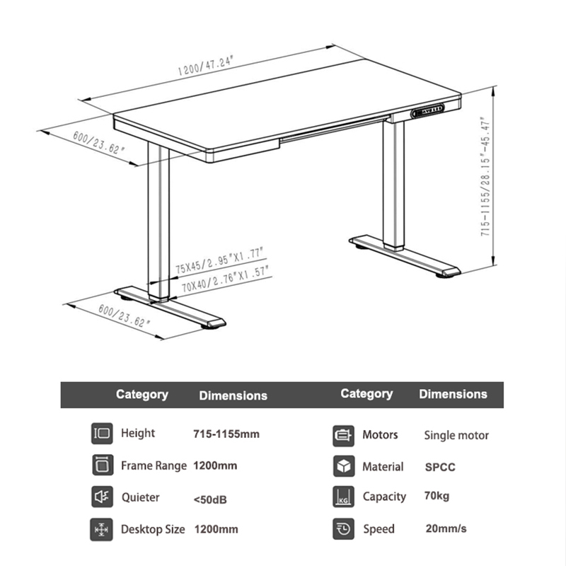Standing desk specifications overview: 120×60cm, brushless motor, height range
