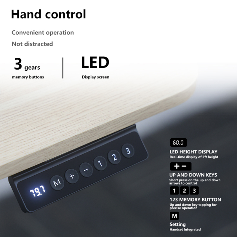 Close-up of the 2SCAF2 standing desk's advanced LED hand control panel, displaying the current height and showing the three programmable memory preset buttons for convenient adjustment.
