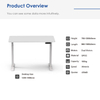  Overview of the 2AF2 dual motor standing desk showing key specifications including height, length, motors, material, capacity, speed, and noise level.