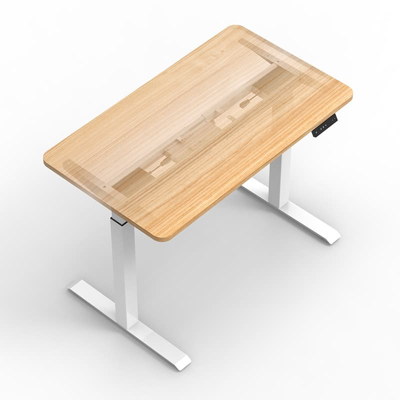 Perspective view of the white 2B2 adjustable standing desk frame, showing legs, central beam, and motors on a plain white background.