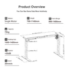 A product overview infographic of a single-motor adjustable desk frame, detailing its specifications including a height range of 700-1140mm, a frame range of 990-1400mm, a weight capacity of 70kg, and a motor speed of 20mm/s, with a technical drawing of the desk frame included.