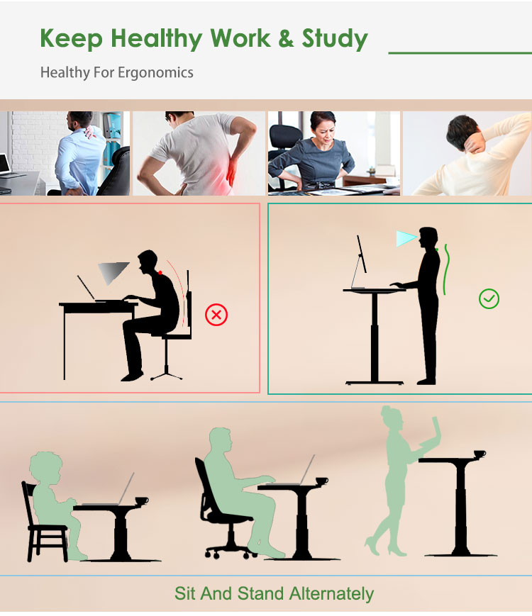 An illustration showing the ergonomic benefits of a standing desk for correct posture compared to poor sitting posture.