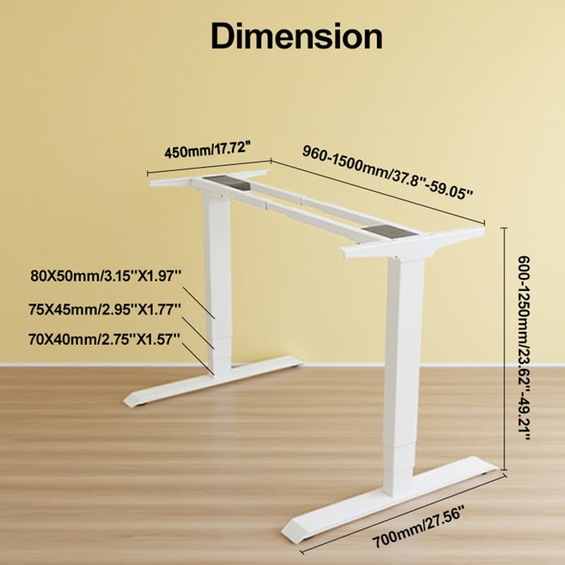 A diagram showing the precise measurements of the NATE D5 desk frame, including its adjustable height and length ranges.