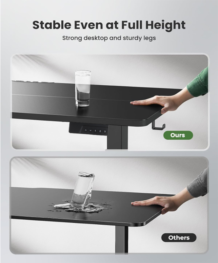 Comparison image: The SACR2 standing desk remains stable at full height with a steady glass of water, while another desk wobbles and spills the water.