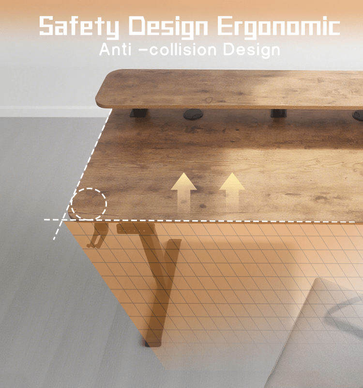 A diagram illustrating the standing desk's anti-collision safety feature, showing the desk automatically stopping before hitting an object placed underneath it.