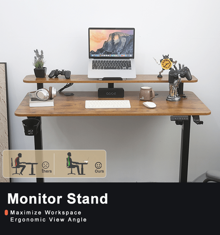An illustration comparing poor, slumped posture at a standard desk versus the improved, upright posture achieved using our standing desk with its elevated monitor stand.