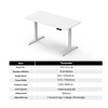 A white 2AF3-D3-38 electric standing desk shown above a detailed specification table listing its core parameters like dual motors, 600-1250mm height range, and 120kg load capacity.