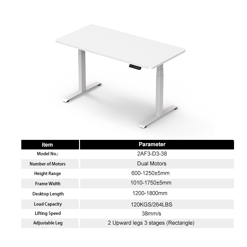 A white 2AF3-D3-38 electric standing desk shown above a detailed specification table listing its core parameters like dual motors, 600-1250mm height range, and 120kg load capacity.