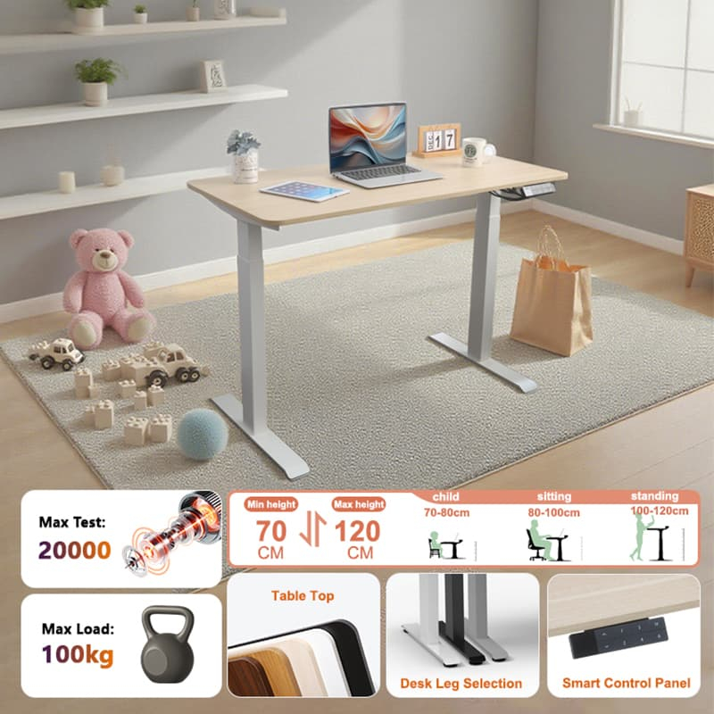 The NATE 2AF2 standing desk in a home setting, with icons emphasizing its 100kg max load capacity and versatile 70-120cm height range.