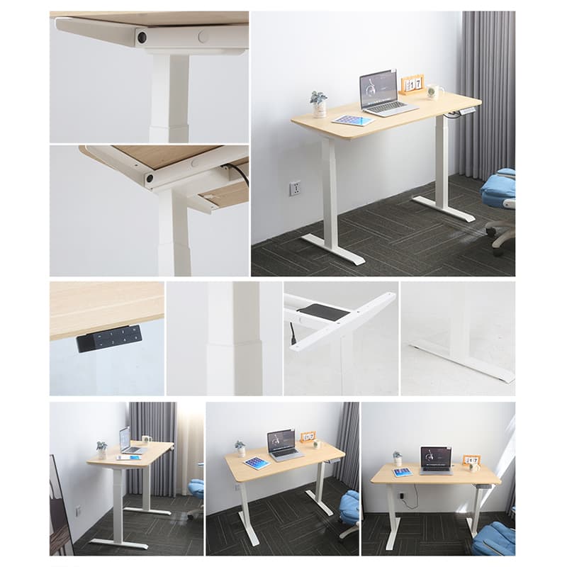 A collage of detailed images of the NATE 2AF2 standing desk, highlighting its clean welds, premium finish, and seamless integration into various room settings.